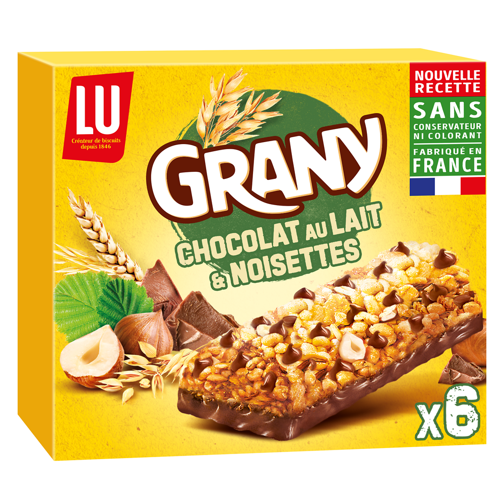 Barres de céréales chocolat au lait et noisettes GRANY - Boite de 6 -125g