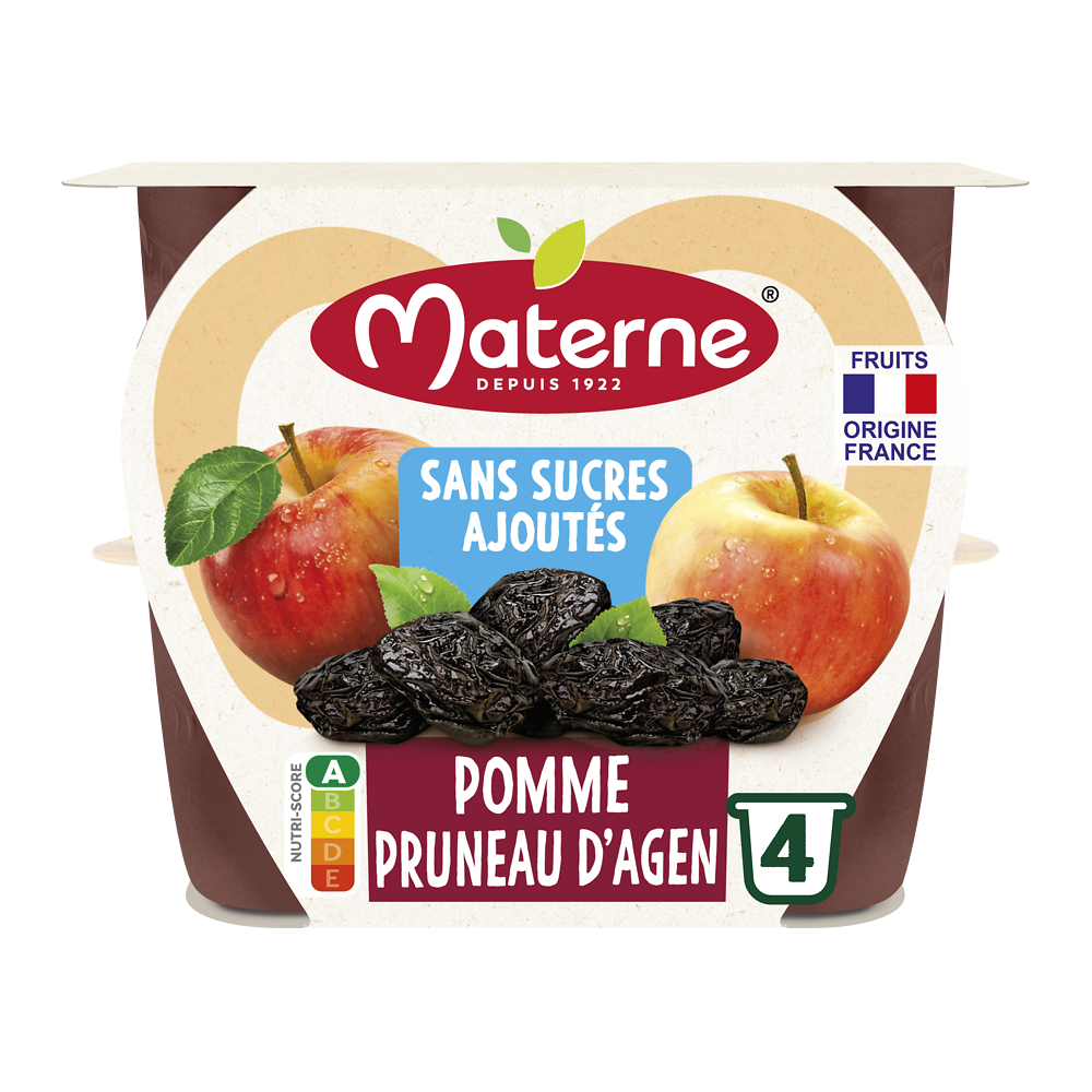 Compotes Coupelles Sans Sucres Ajoutés Pomme Pruneau MATERNE, 4x100g