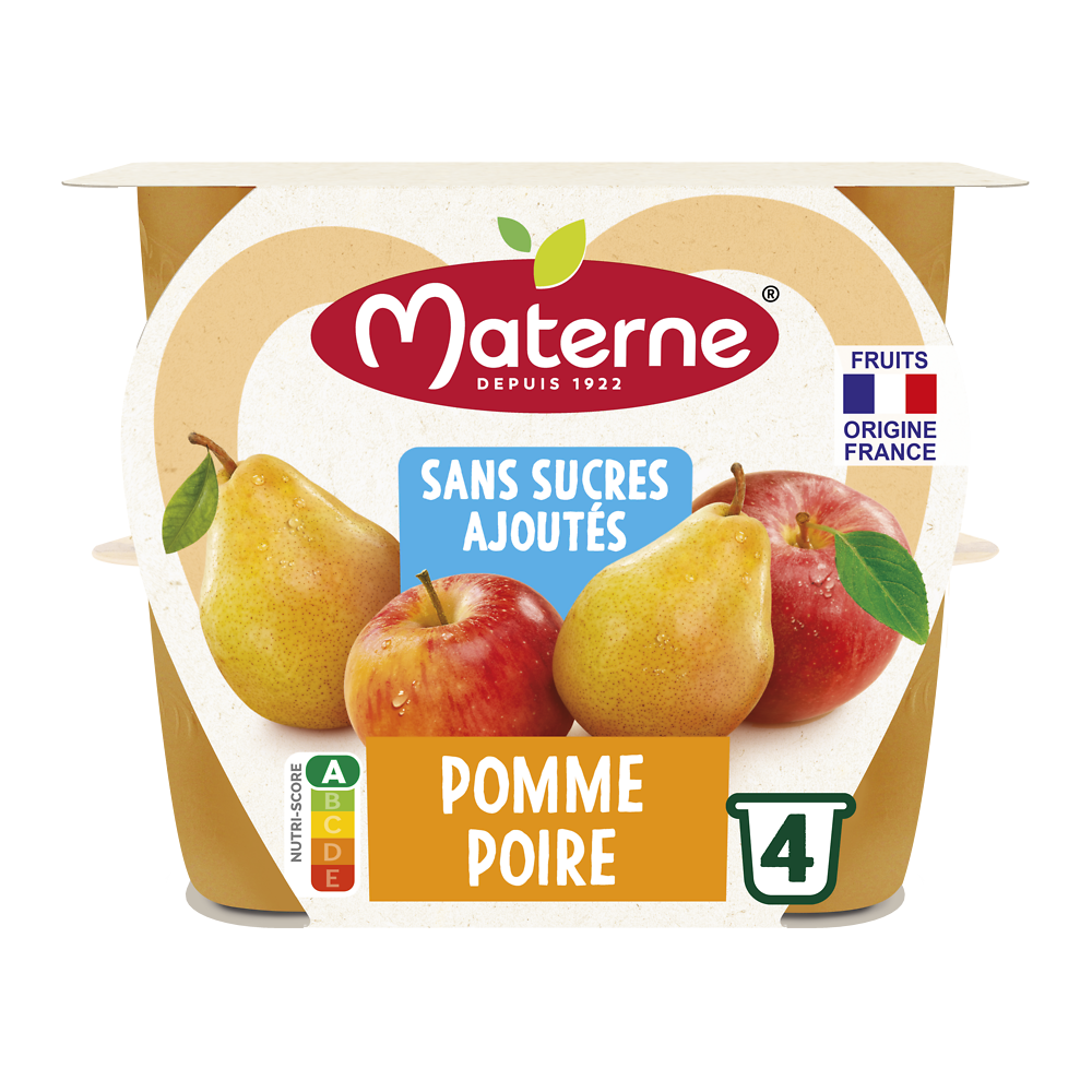 Compotes Coupelles Sans Sucres Ajoutés Pomme Poire MATERNE, 4x100g