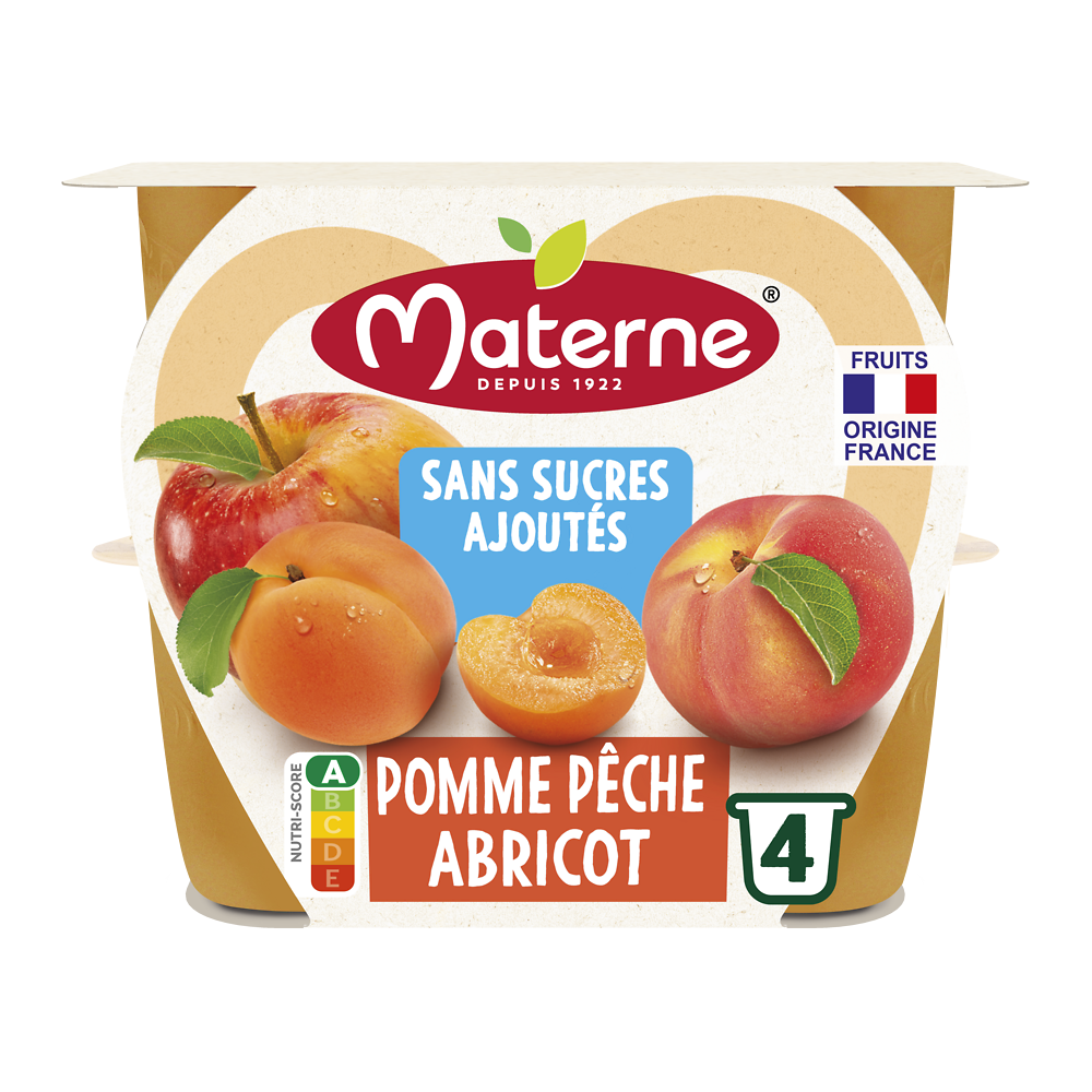 Compotes Coupelles Sans Sucres Ajoutés Pomme Pêche Abricot MATERNE, 4x100g