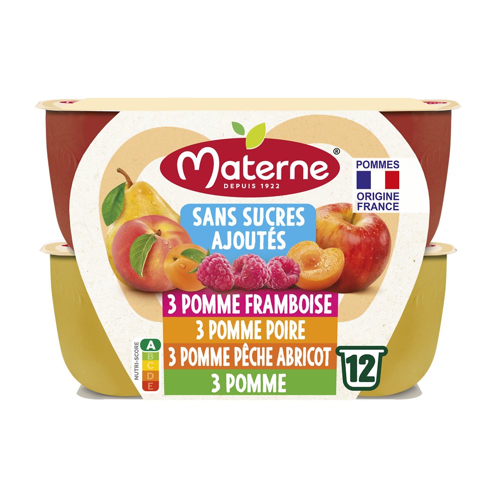 Compotes Coupelles Sans Sucres Ajoutés Multivariétés Fruits Jaunes MATERNE, 12x100g