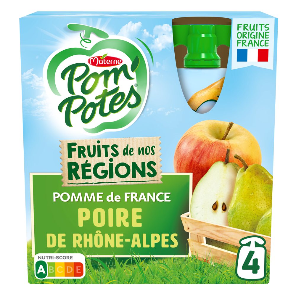 Compotes Gourdes Fruits de nos Régions Pomme Poire de Rhône-Alpes POM'POTES, 4x90g