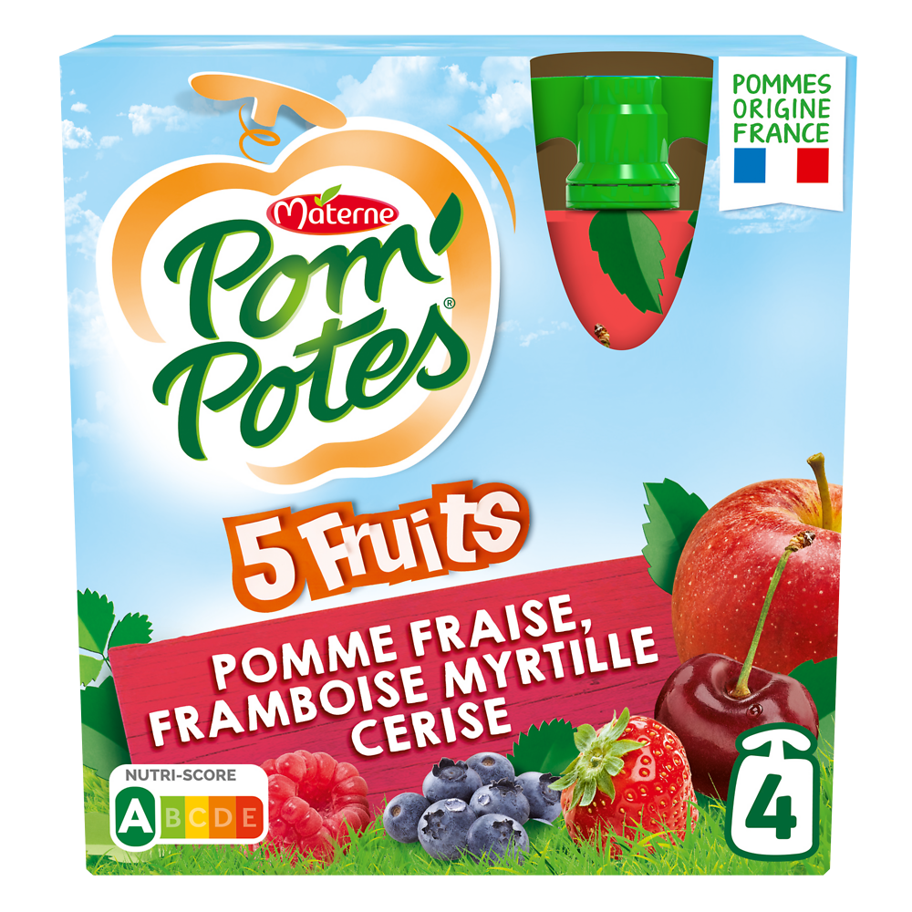 Compotes Gourdes 5 Fruits Rouges Pomme Cerise Fraise Framboise Myrtille POM'POTES, 4x90g