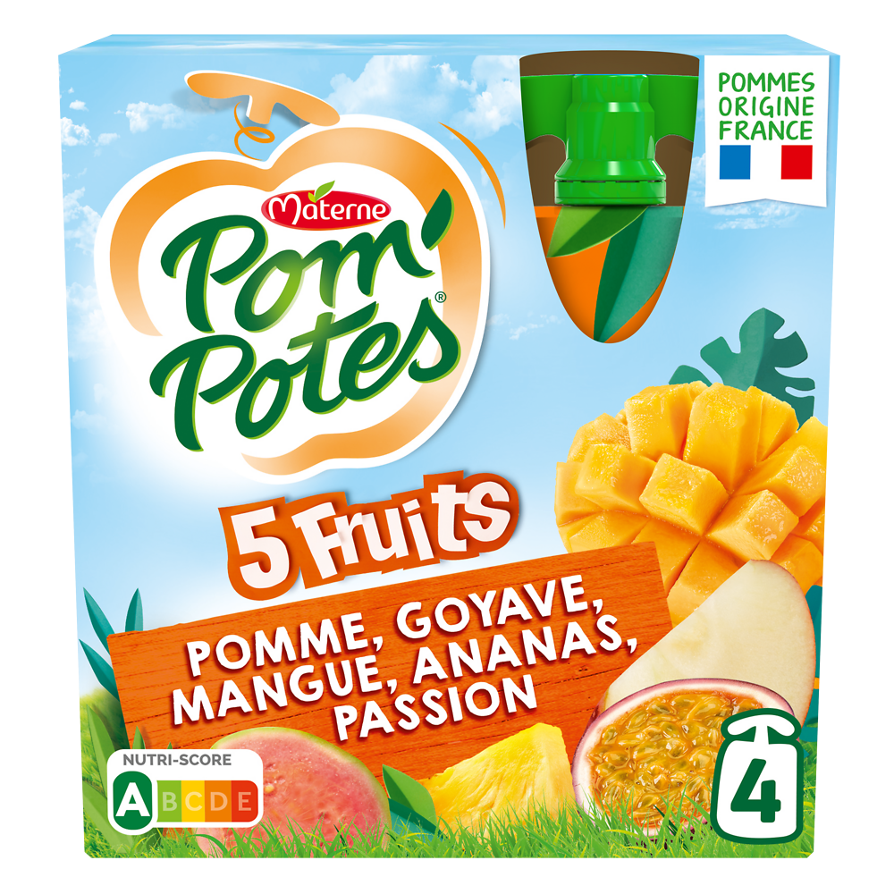 Compotes Gourdes 5 Fruits Exotiques Pomme Mangue Ananas Goyave PassionPOM'POTES, 4x90g