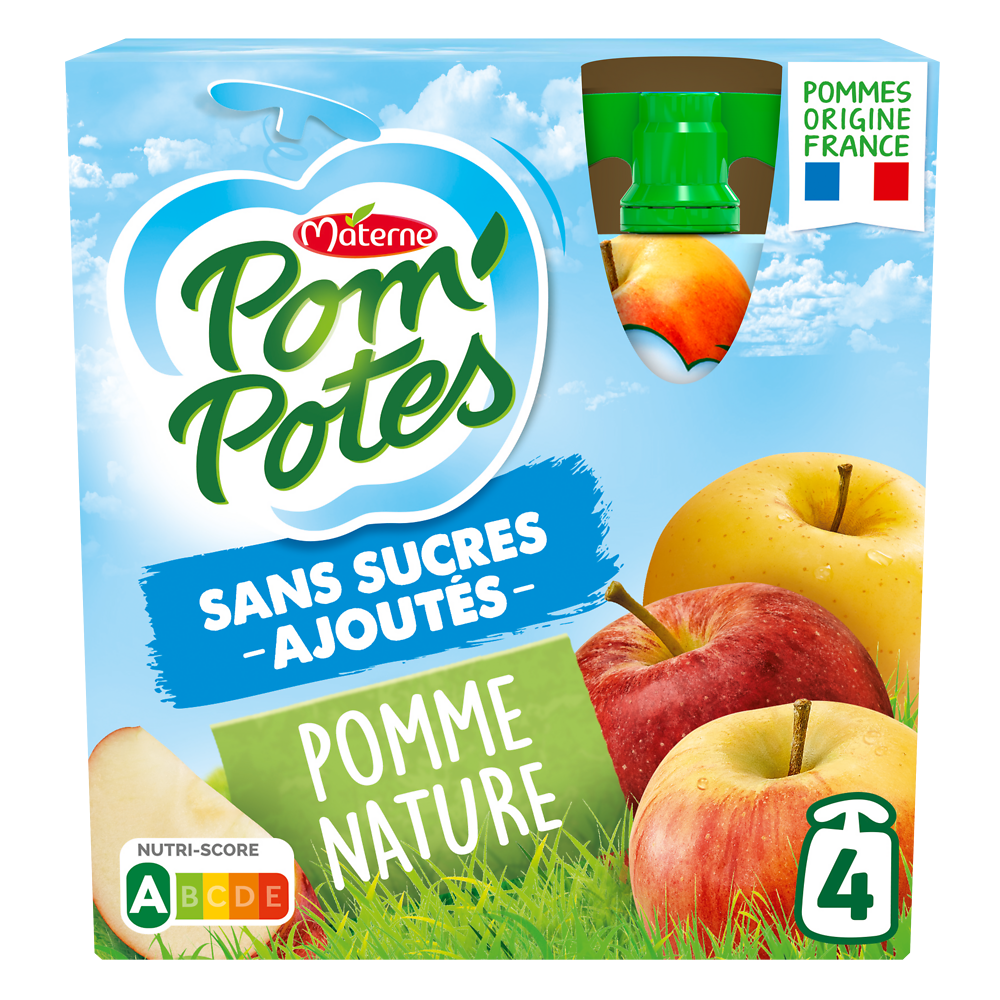 Compotes Gourdes Sans Sucres Ajoutés Pomme Nature POM'POTES, 4x90g