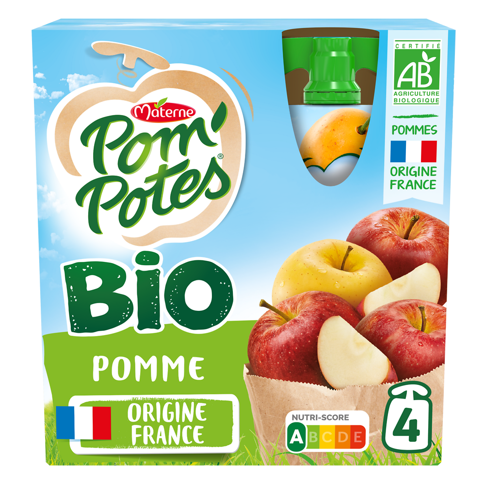 Compotes Gourdes BIO Pomme Nature POM'POTES, 4x90g