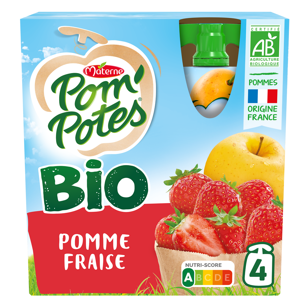 Compotes Gourdes BIO Pomme Fraise POM'POTES, 4x90g