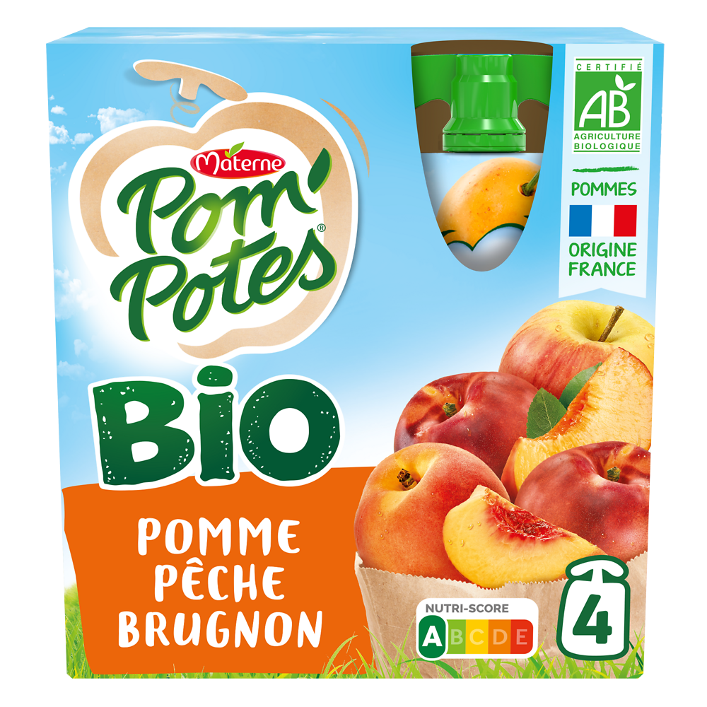 Compotes Gourdes BIO Pomme Pêche Brugnon POM'POTES, 4x90g