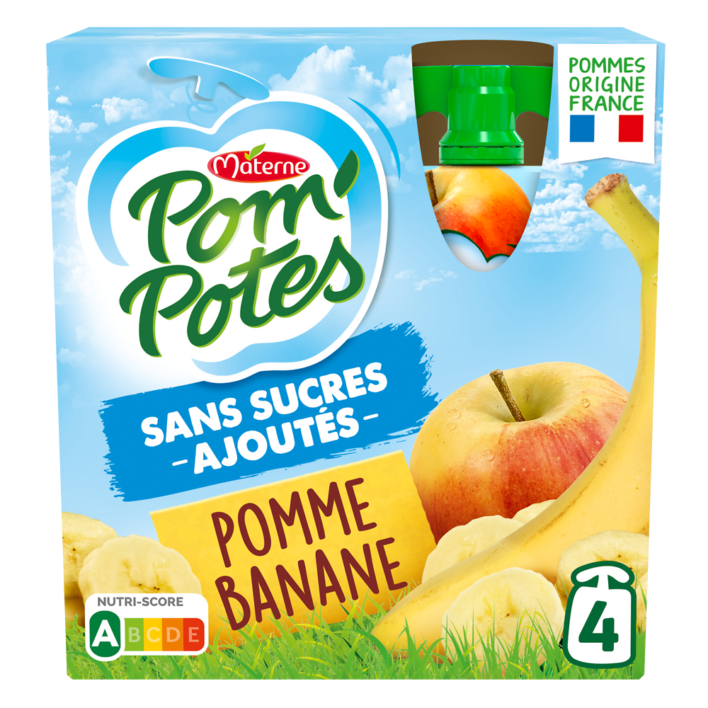 Compotes Gourdes Sans Sucres Ajoutés Pomme Banane POM'POTES, 4x90g