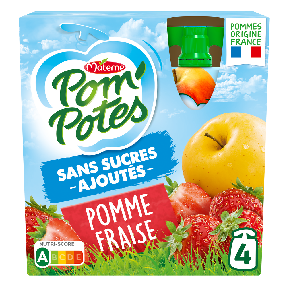 Compotes Gourdes Sans Sucres Ajoutés Pomme Fraise POM'POTES, 4x90g