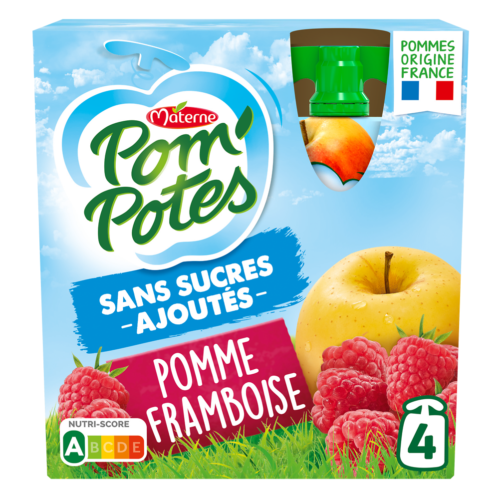 Compotes Gourdes Sans Sucres Ajoutés Pomme Framboise POM'POTES, 4x90g