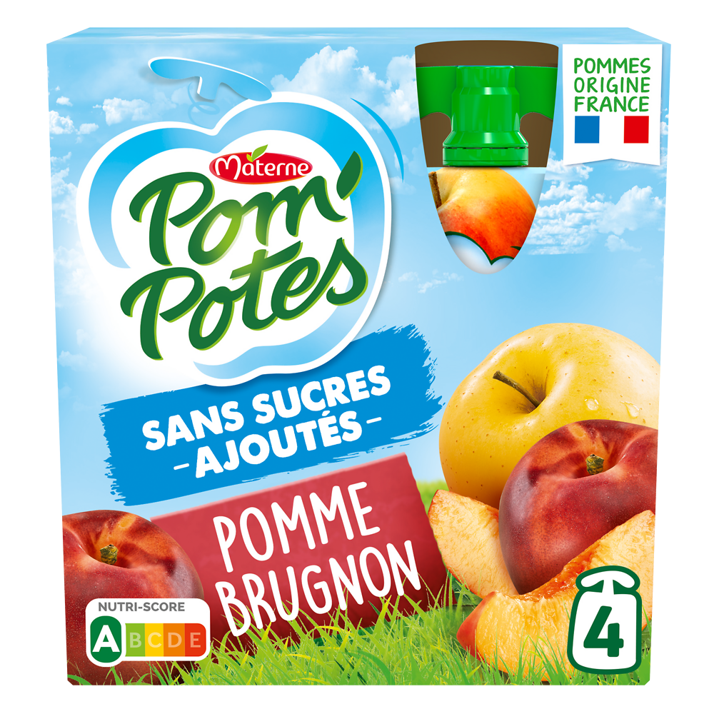 Compotes Gourdes Sans Sucres Ajoutés Pomme Brugnon POM'POTES, 4x90g