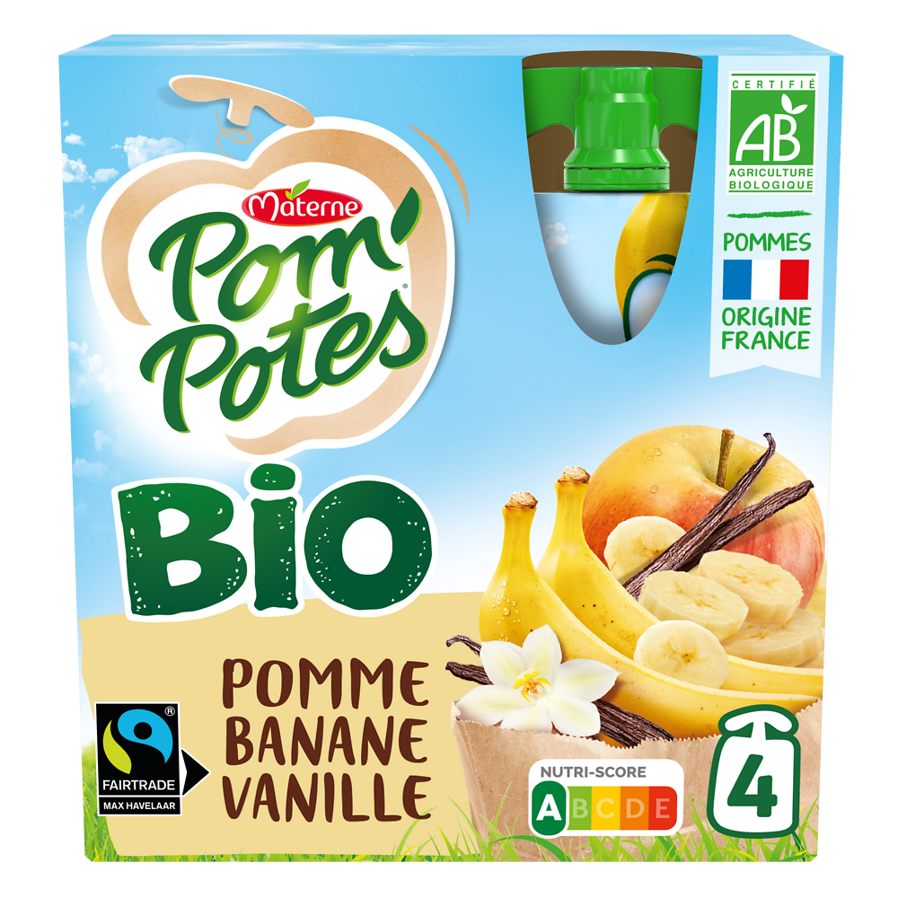 Compotes Gourdes BIO Pomme Banane Vanille POM'POTES, 4x90g