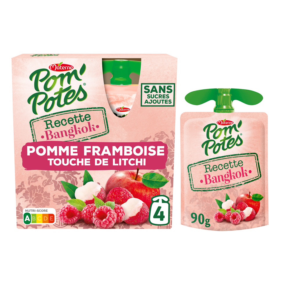 Compotes Gourdes Recettes du Monde Bangkok Pomme Framboise touche de Litchi POM'POTES, 4x90g