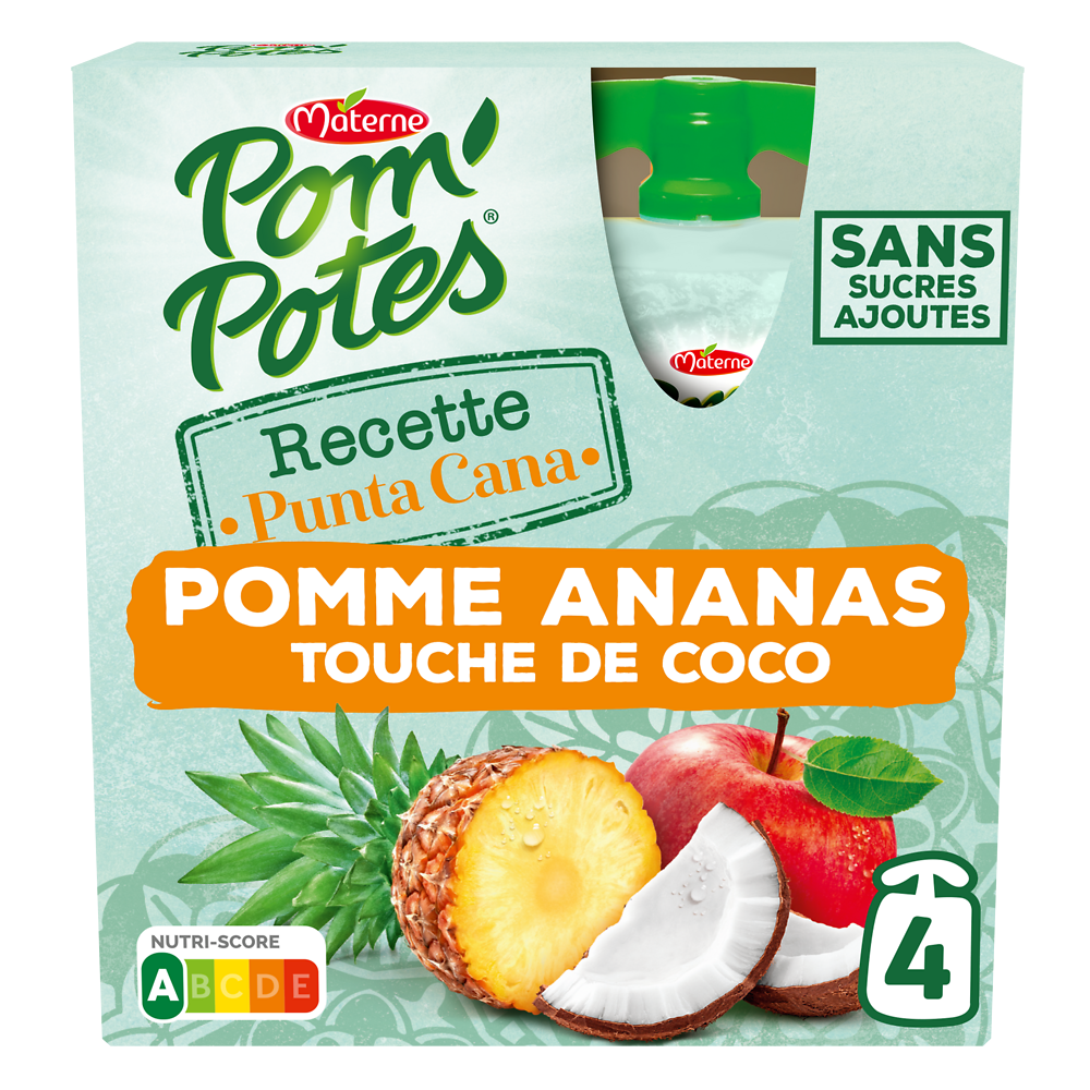 Compotes Gourdes Recettes du Monde Punta Cana Pomme Ananas touche de Coco POM'POTES, 4x90g