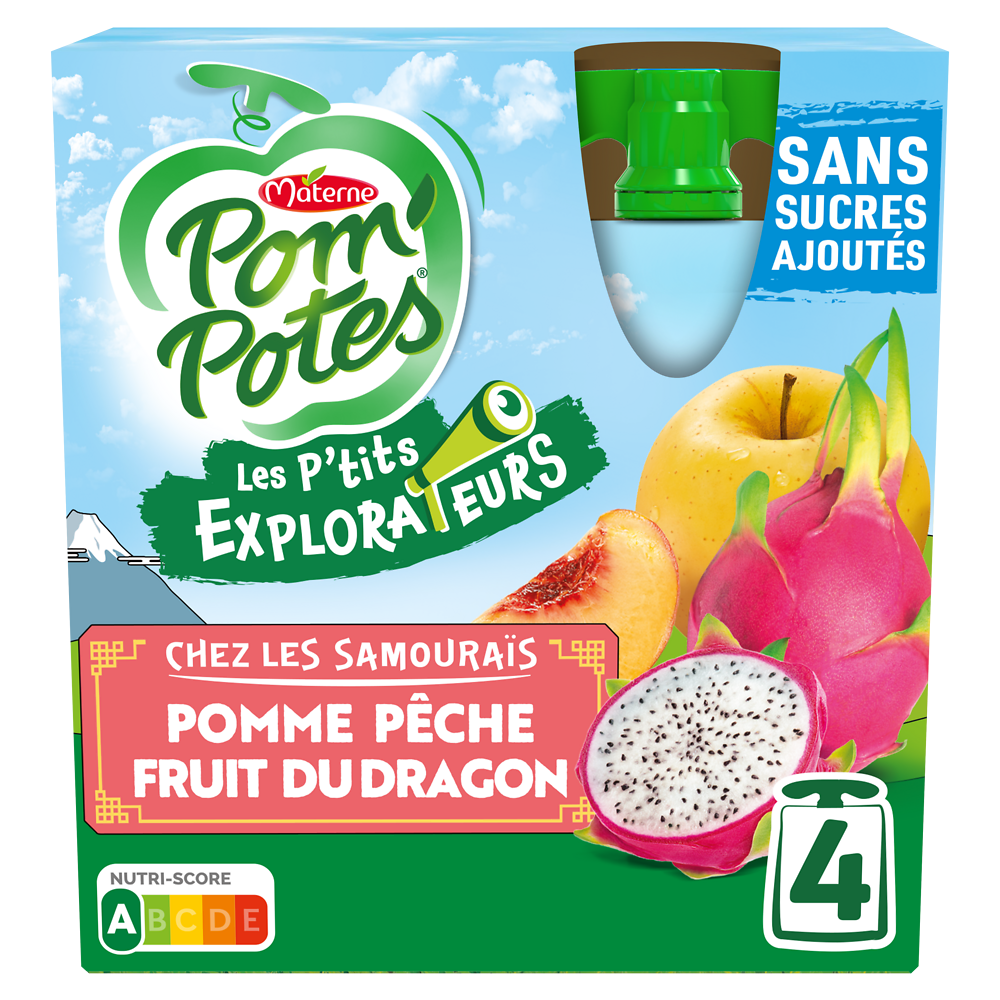 Compotes Gourdes Les P'tits Explorateurs Les Samourais Pomme Pêche Fruit du Dragon POM'POTES, 4x90g