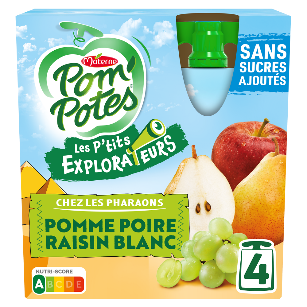 Compotes Gourdes Les P'tits Explorateurs Les Pharaons Pomme Poire Raisin Blanc POM'POTES, 4x90g