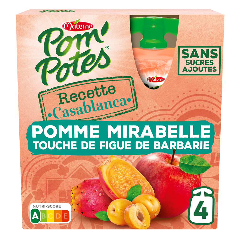 Compotes Gourdes Recettes du Monde Casablanca Pomme Mirabelle Touche de Figue Barbarie POM'POTES, 4x90g