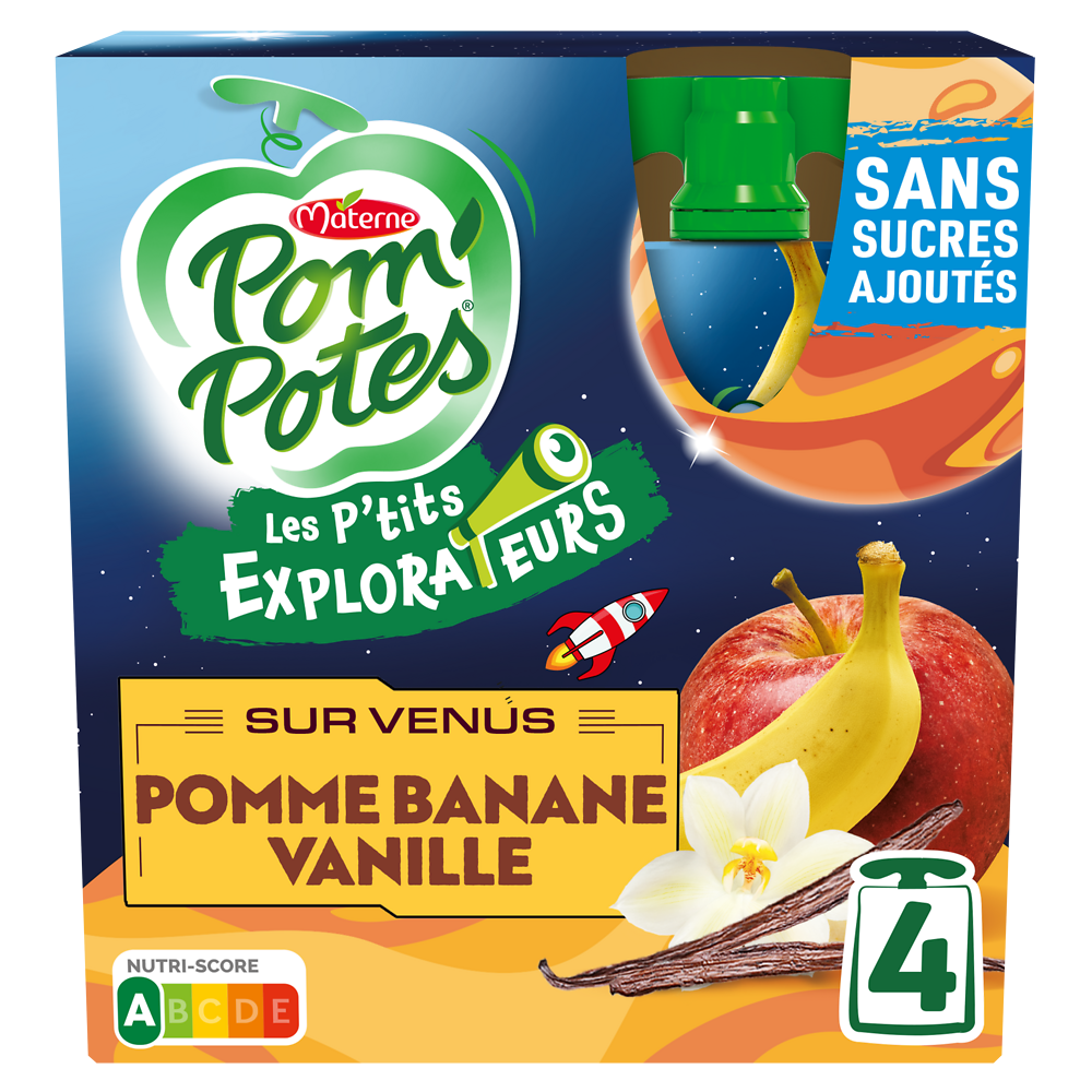 Compotes Gourdes Les P'tits Explorateurs Sur Venus Pomme Banane Vanille POM'POTES, 4x90g