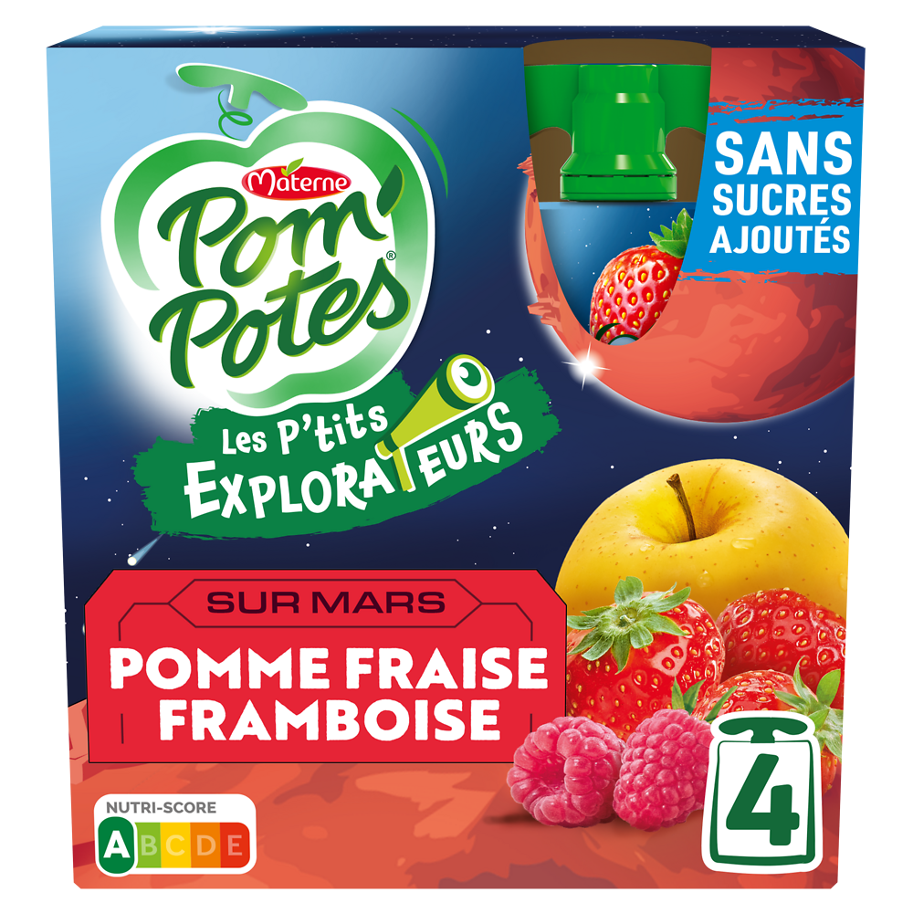 Compotes Gourdes Les P'tits Explorateurs Sur Mars Pomme Fraise Framboise POM'POTES, 4x90g