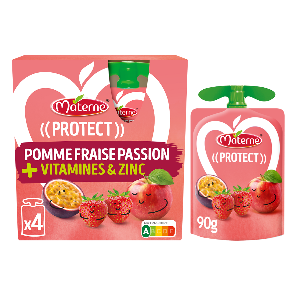 Compotes Gourdes Protect Pomme Fraise Passion + Vitamines & Zinc MATERNE, 4x90g