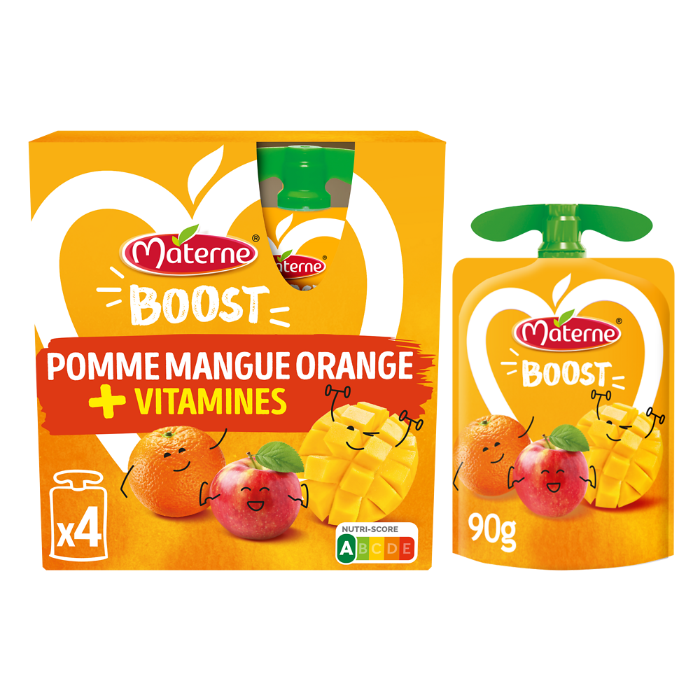 Compotes Gourdes Boost Pomme Mangue Orange + Multivitamines MATERNE, 4x90g