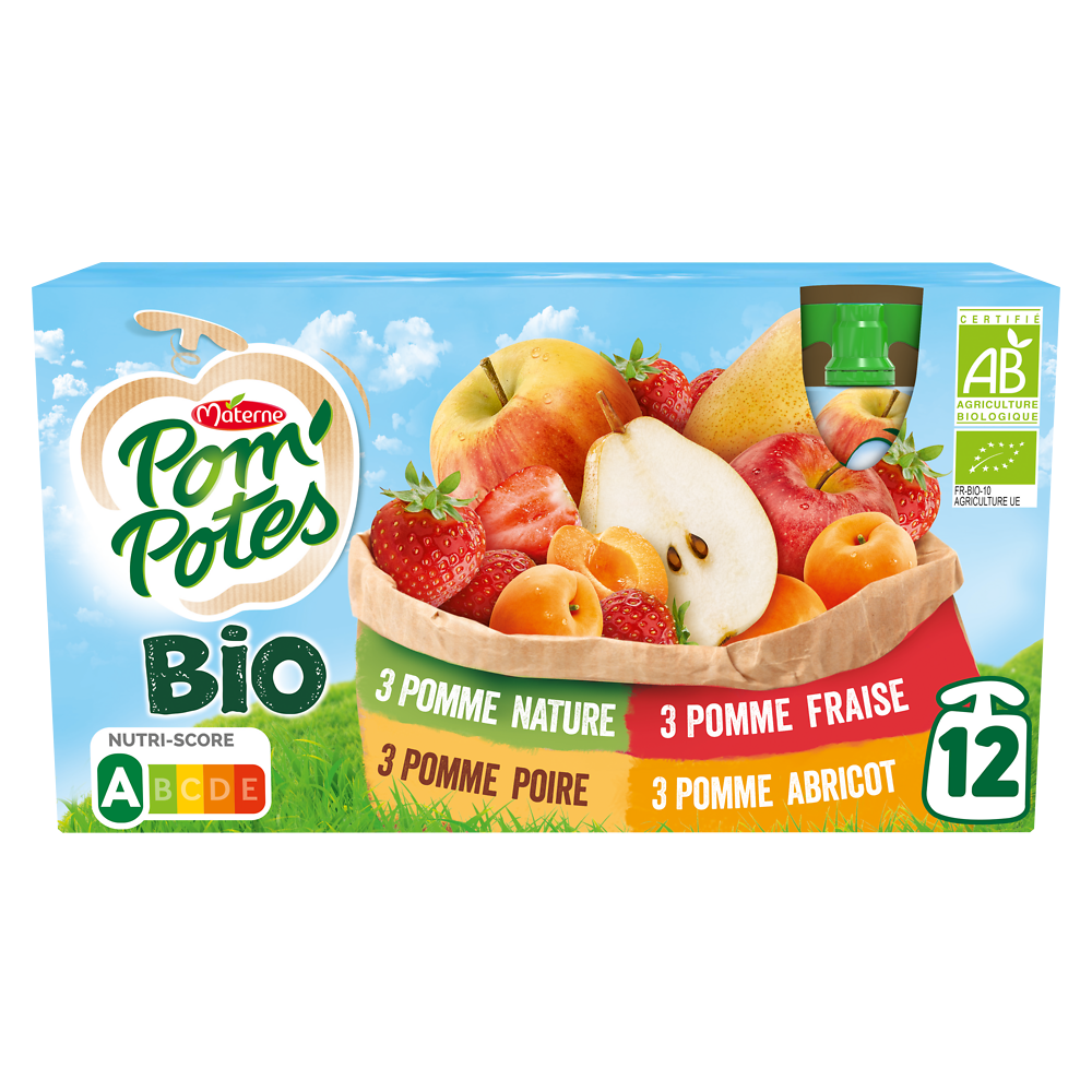 Compotes Gourdes BIO Pomme, Pomme Abricot, Pomme Poire, Pomme Fraise POM'POTES, 12x90g