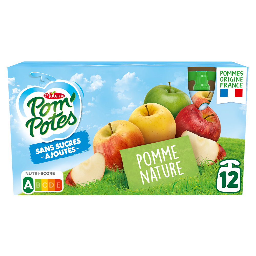 Compotes Gourdes Sans Sucres Ajoutés Pomme Nature POM'POTES, 12x90g