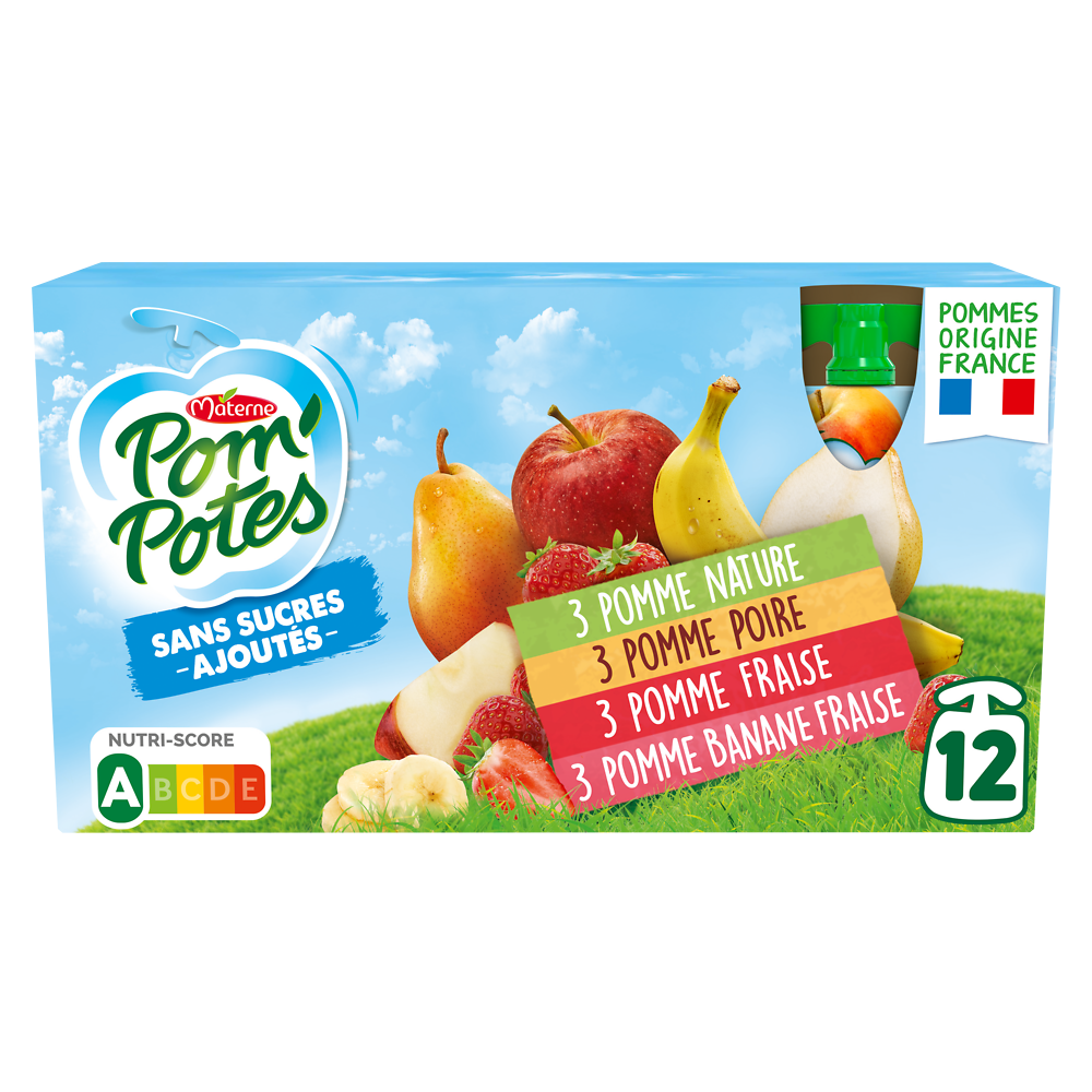 Compotes Gourdes Sans Sucres Ajoutés Pomme, Pomme Poire, Pomme Fraise,Pomme Banane POM'POTES, 12x90g