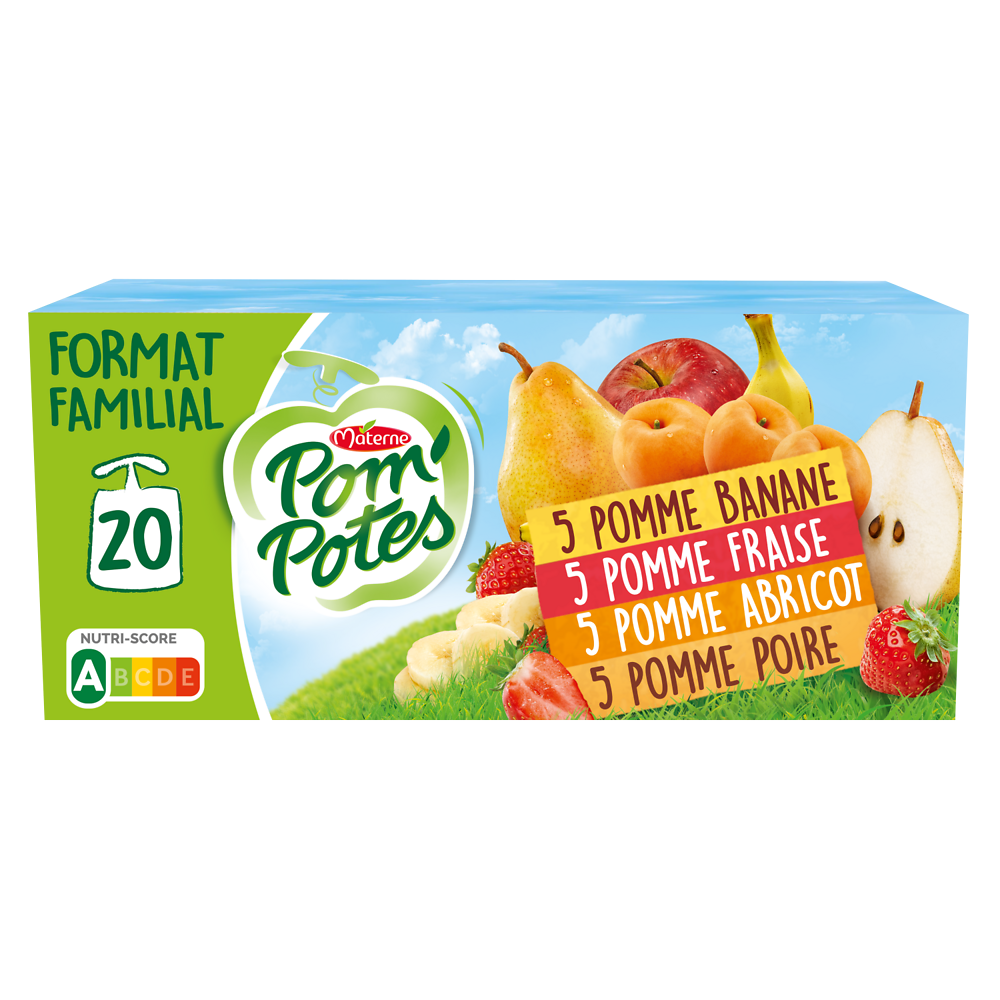 Compotes Gourdes Pomme Poire, Pomme Abricot, Pomme Fraise, Pomme Banane POM'POTES, 20x90g