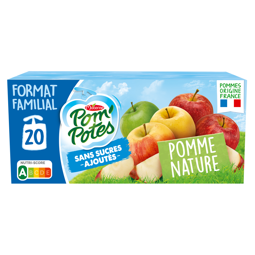 Compotes Gourdes Sans Sucres Ajoutés Pomme Nature POM'POTES, 20x90g