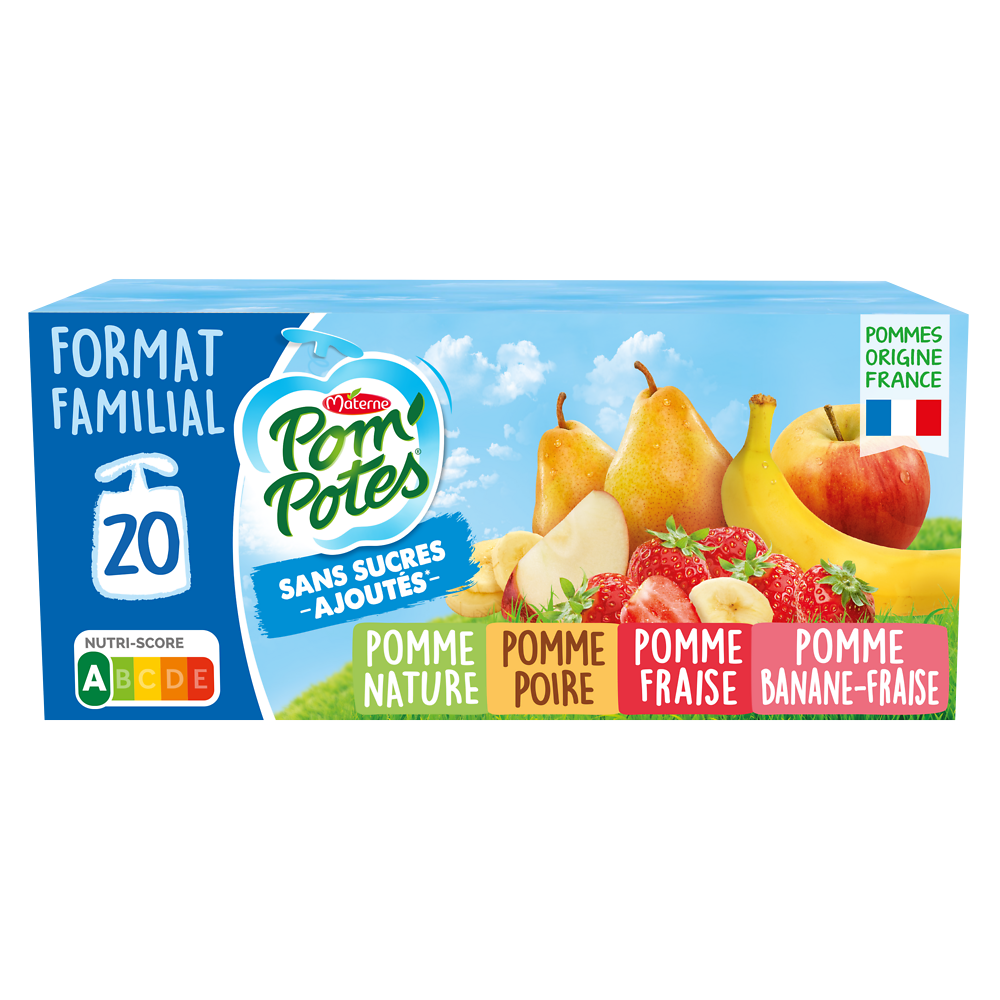 Compotes Gourdes Sans Sucres Ajoutés Pomme, Pomme Poire, Pomme Fraise,Pomme Banane Fraise POM'POTES, 20x90g