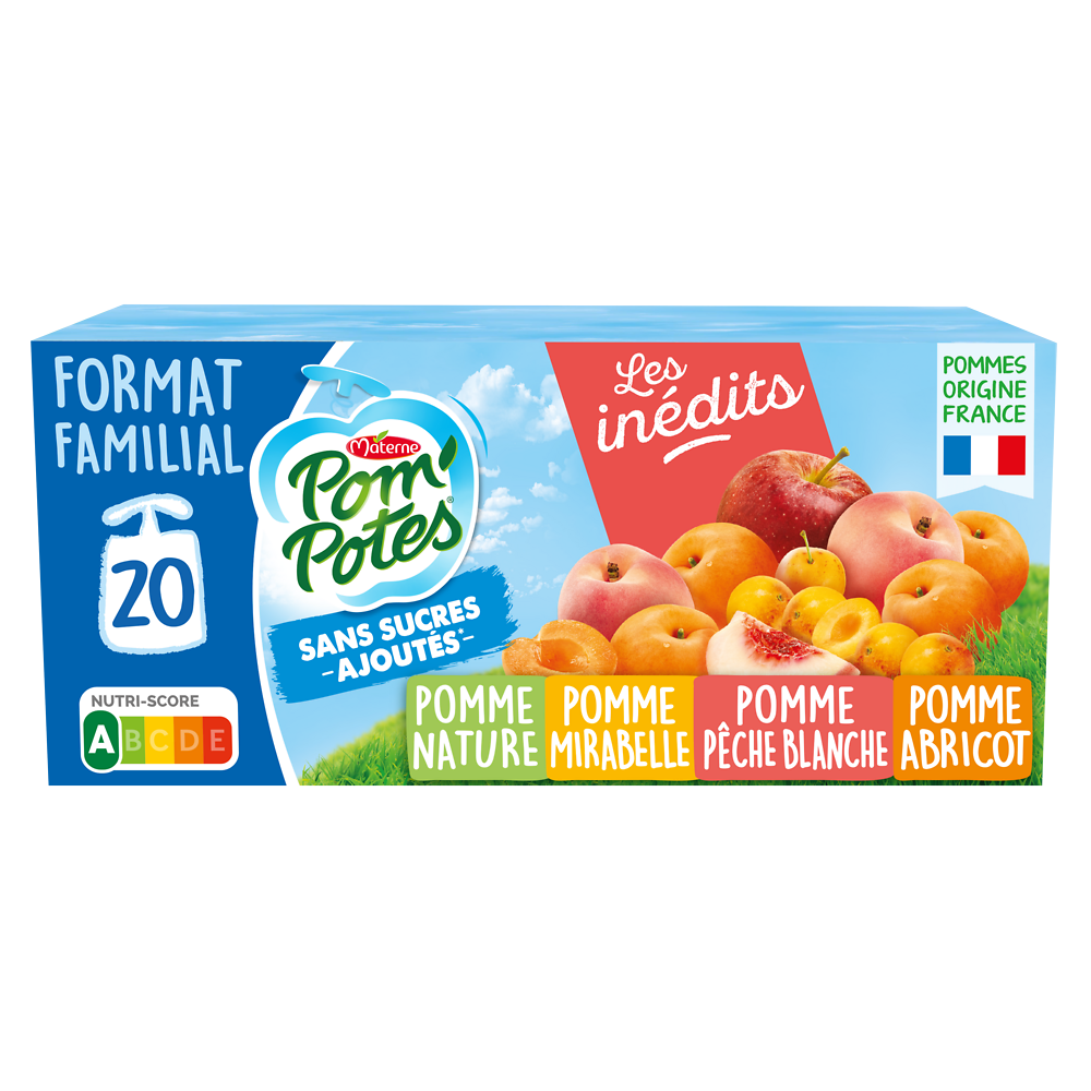 Compotes Gourdes Sans Sucres Ajoutés Pomme, Pomme Mirabelle, Pomme Abricot, Pomme Pêche Les Inédits POM'POTES, 20x90g