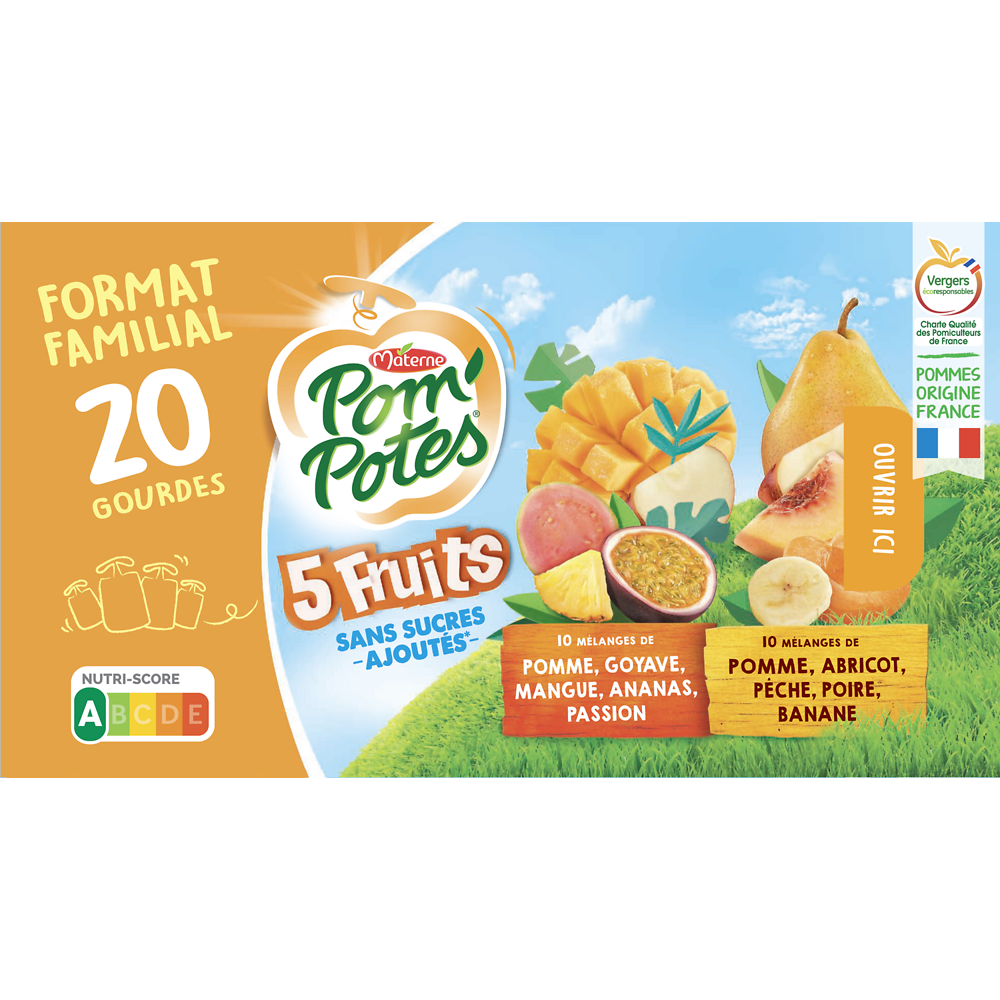 Compotes Gourdes 5 Fruits Jaunes & Exotiques POM'POTES, 20x90g