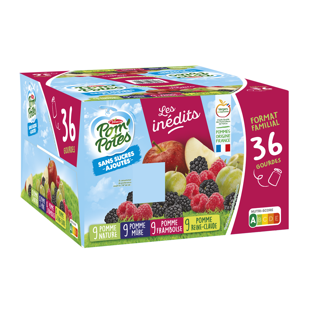 POM'POTES sans sucres ajoutés pomme/pomme reine-claude/pomme mûre/pomme framboise 36x90g