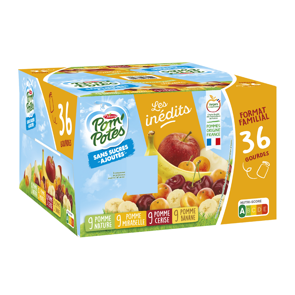 Dessert fruitier POM'POTES sans sucre ajoutés pomme x9/pomme mirabellex9/pomme cerisex9 /pomme banane x9 MATERNE (36x90g)