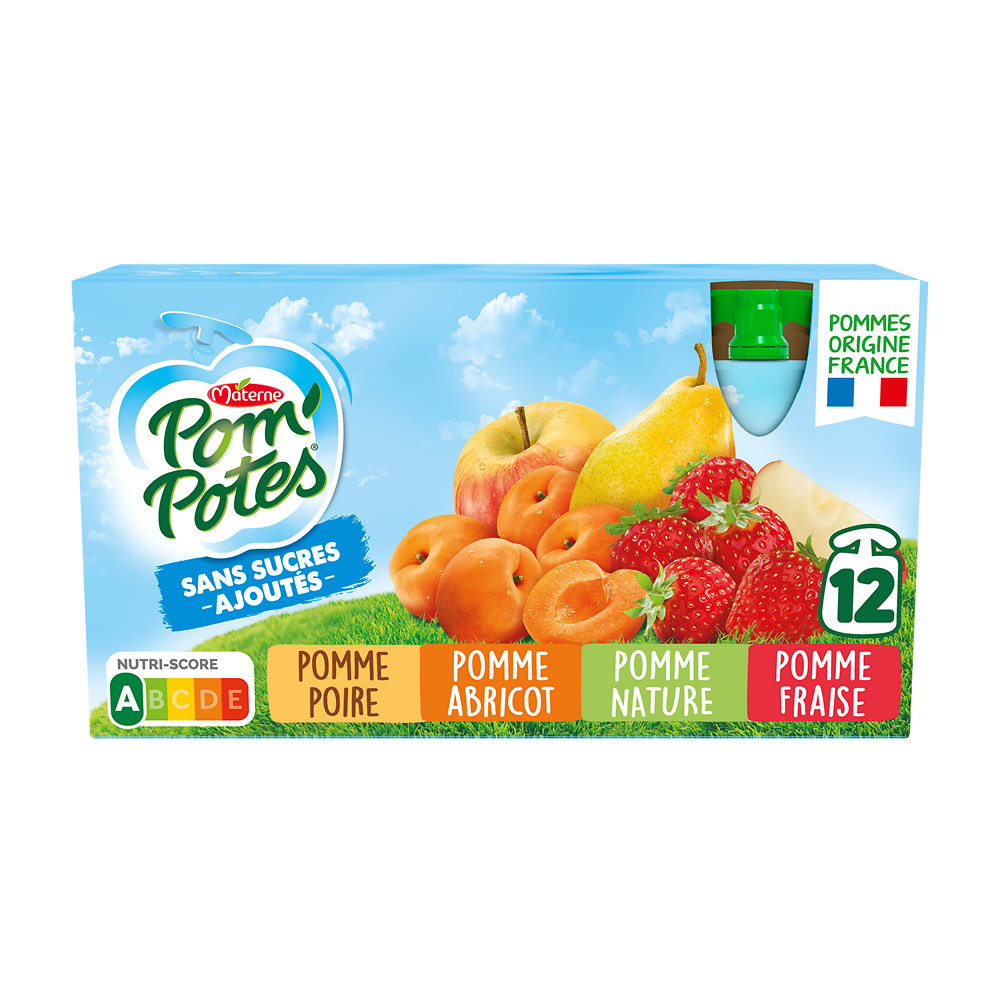 Compotes Gourdes Pomme, Pomme Fraise, Pomme Poire, Pomme Abricot POM'POTES, 12x90g