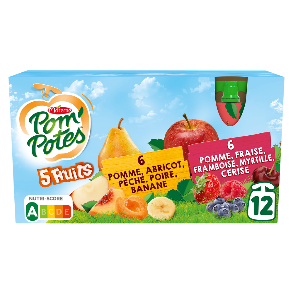 Compotes Gourdes 5 Fruits Rouges & Jaunes POM'POTES, 12x90g