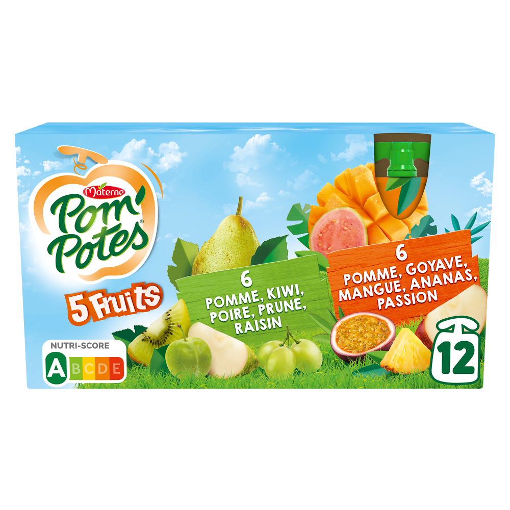 Compotes Gourdes 5 Fruits Exotiques & Verts POM'POTES, 12x90g