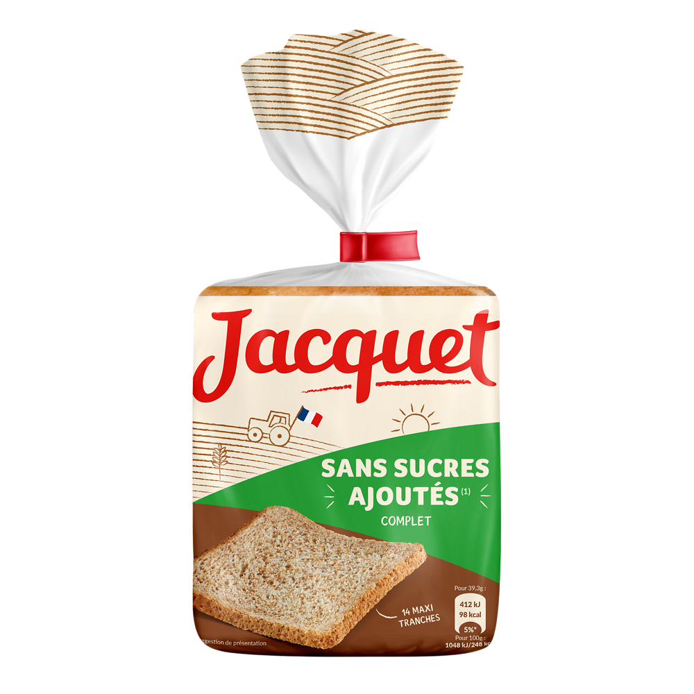 Pain de mie Maxi Tranches Complet Sans Sucres Ajoutés JACQUET - x14 -550g