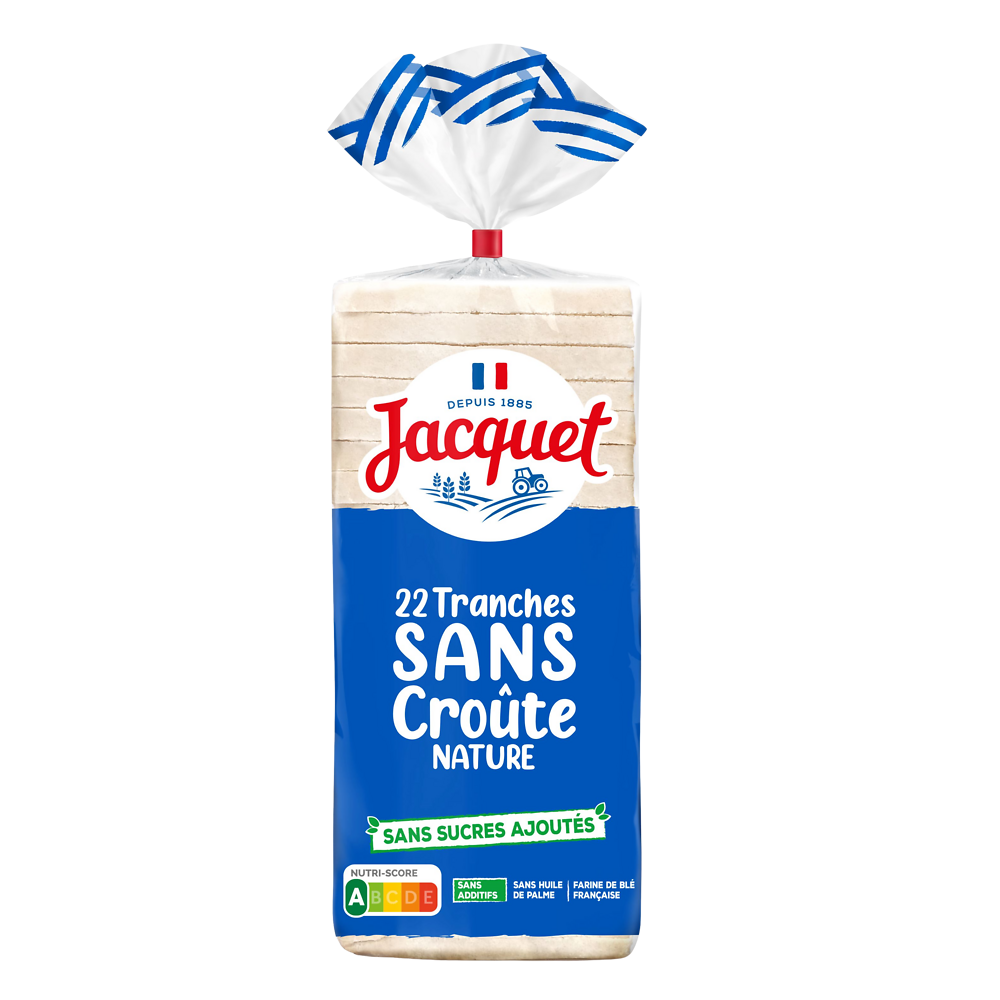 Pain de mie sans croûte sans sucre ajouté nature JACQUET, 22 tranchessoit 475g