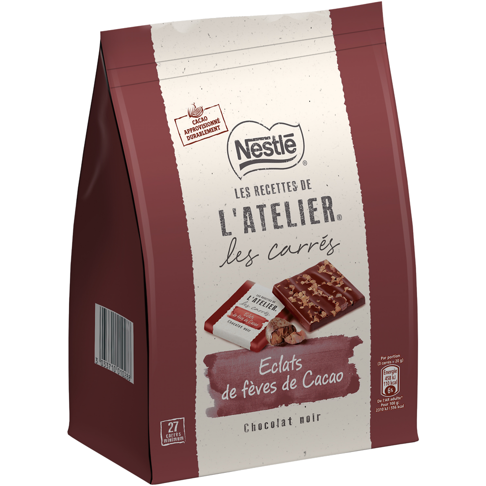 Carrés chocolat noir éclats fèves cacao NESTLE L'ATELIER - Sachet de 192g