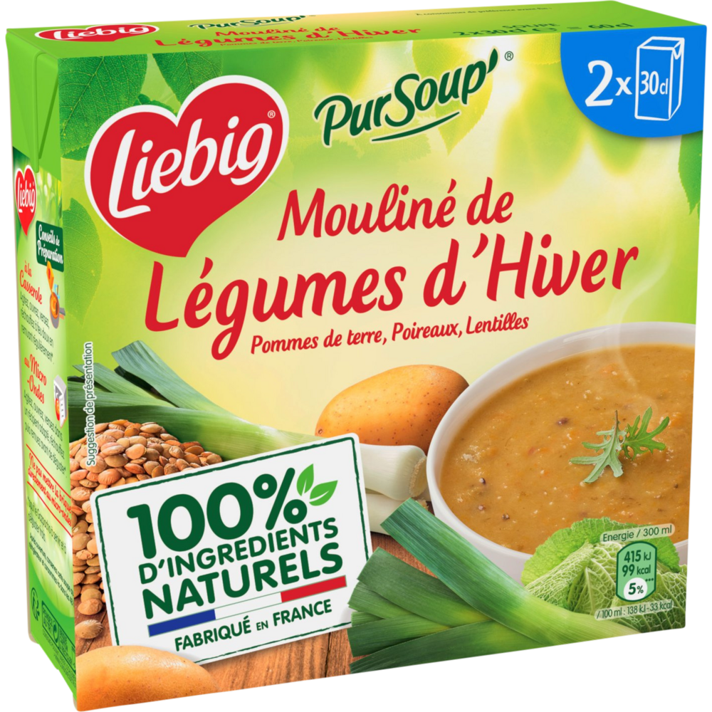 Soupe mouliné aux légumes d'hiver, pomme de terre, poireaux et lentilles LIEBIG, 2 briques de 30cl