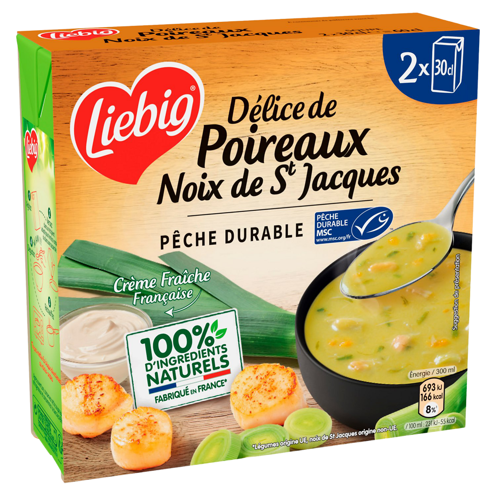 Soupe Délice de poireaux noix de st Jacques MSC LIEBIG, 2 x 30 cl