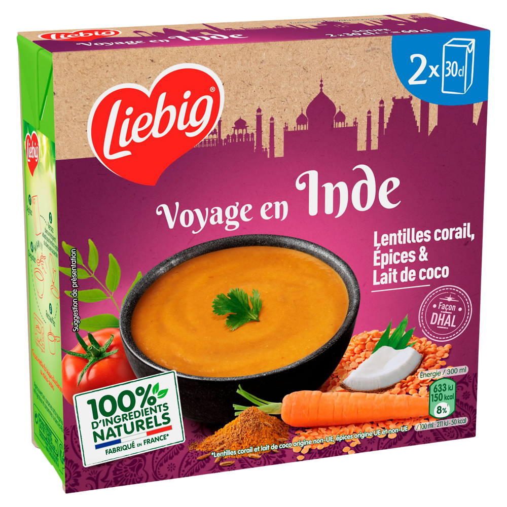 Soupe Voyage en Inde Lentilles corail, épices & lait de coco LIEBIG, 2x30cl