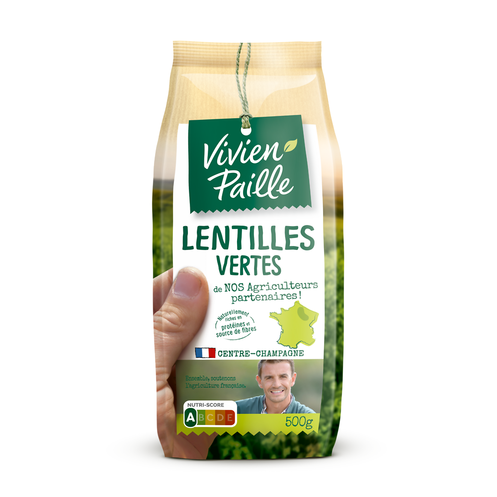 Lentilles vertes de nos agriculteurs partenaires VIVIEN PAILLE, étui 500g