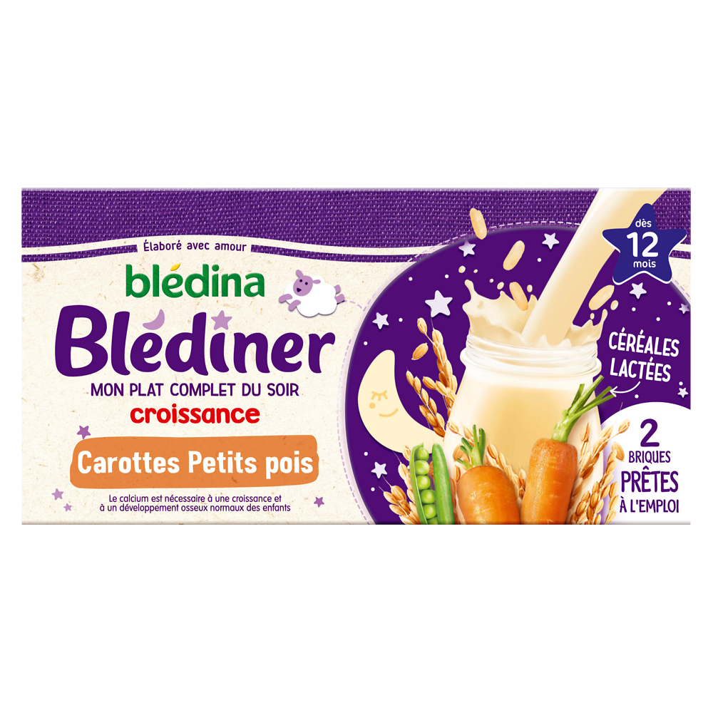 Lait et céréales bébé soir aux carottes petits pois dès 12 mois BLEDINER BLEDINA 2x250g