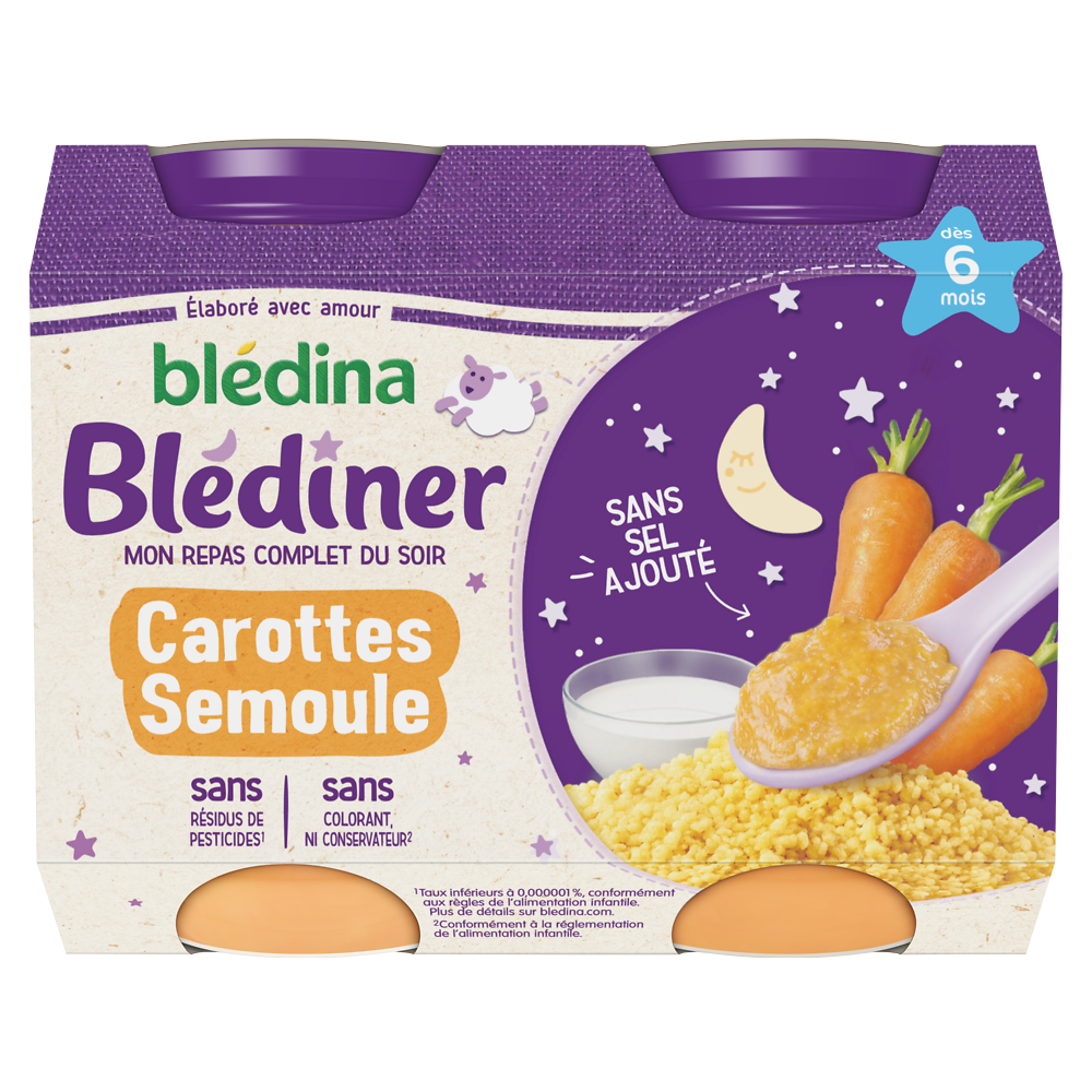 Petits pots bébé soir carottes semoule dès 6 mois BLEDINER BLEDINA 2x200g