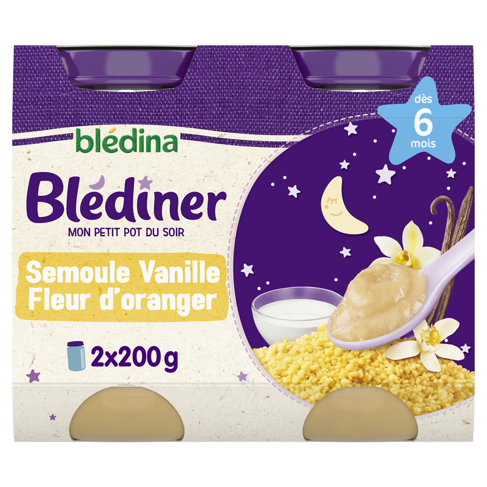 Petits pots bébé soir semoule vanille fleur d'oranger dès 6 mois BLEDINER BLEDINA 2x200g