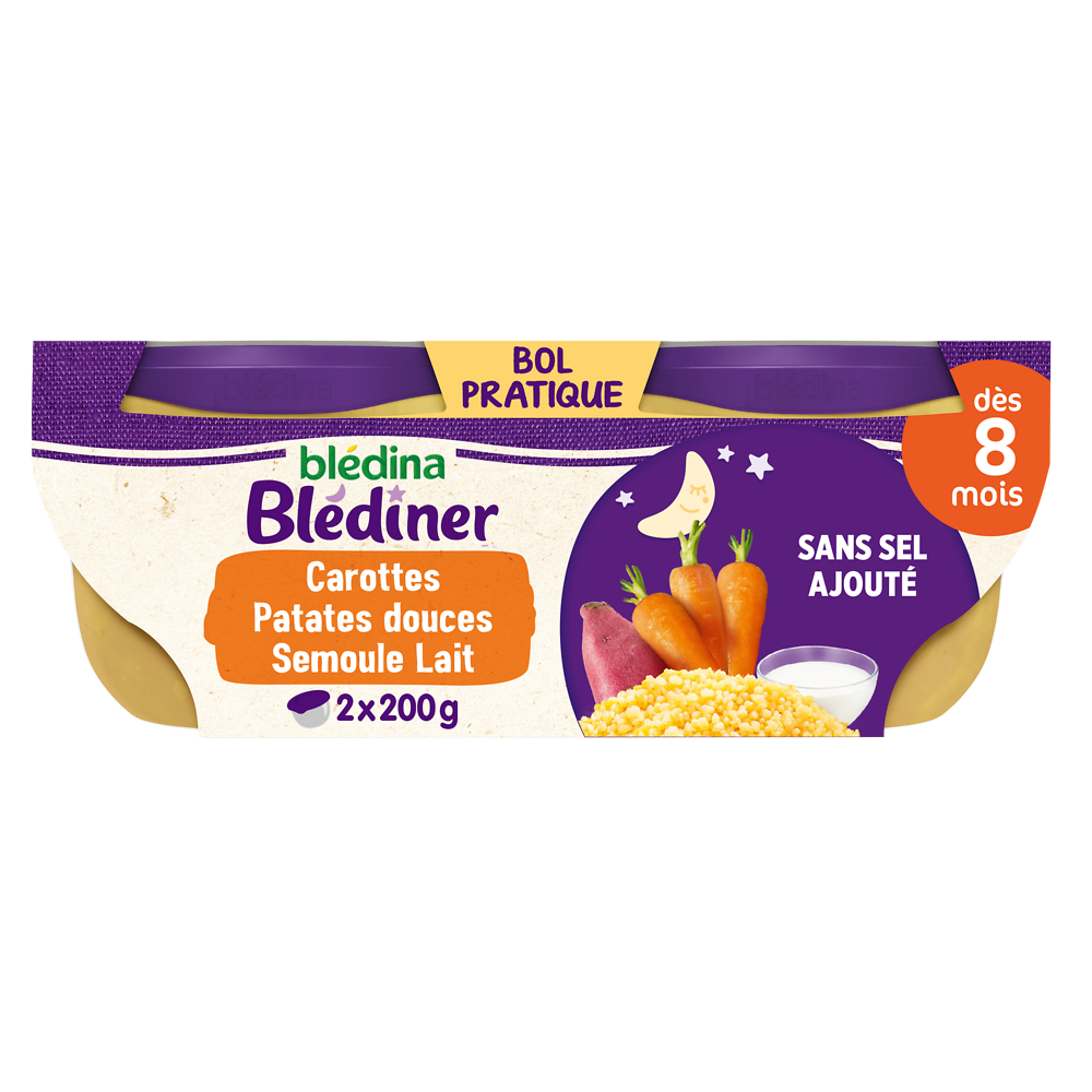 Plats bébé soir carottes patates douces semoule dès 8 mois BLEDINER BLEDINA 2x200g